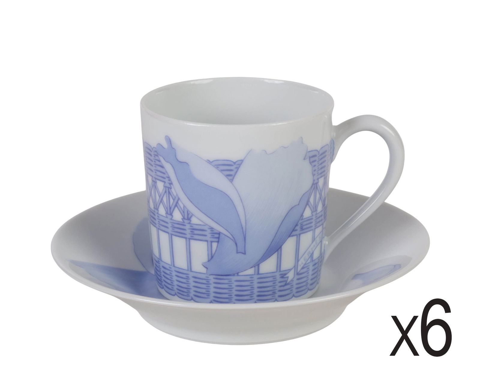 Hermes Les Piviones Demitasse Cup and Saucers SET: Hermes French porcelain set of six demitasse cups with matching saucers, in the Les Pivoines Blue pattern, introduced in 1986. Each cup is decorated with petal motifs and basket weave banding in blue