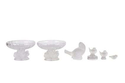Lalique Crystal Nogent Compotes and Birds 6pc LOT