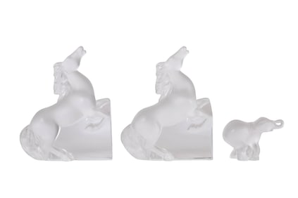 Lalique Kazak Horse Bookends and Elephant Figurine