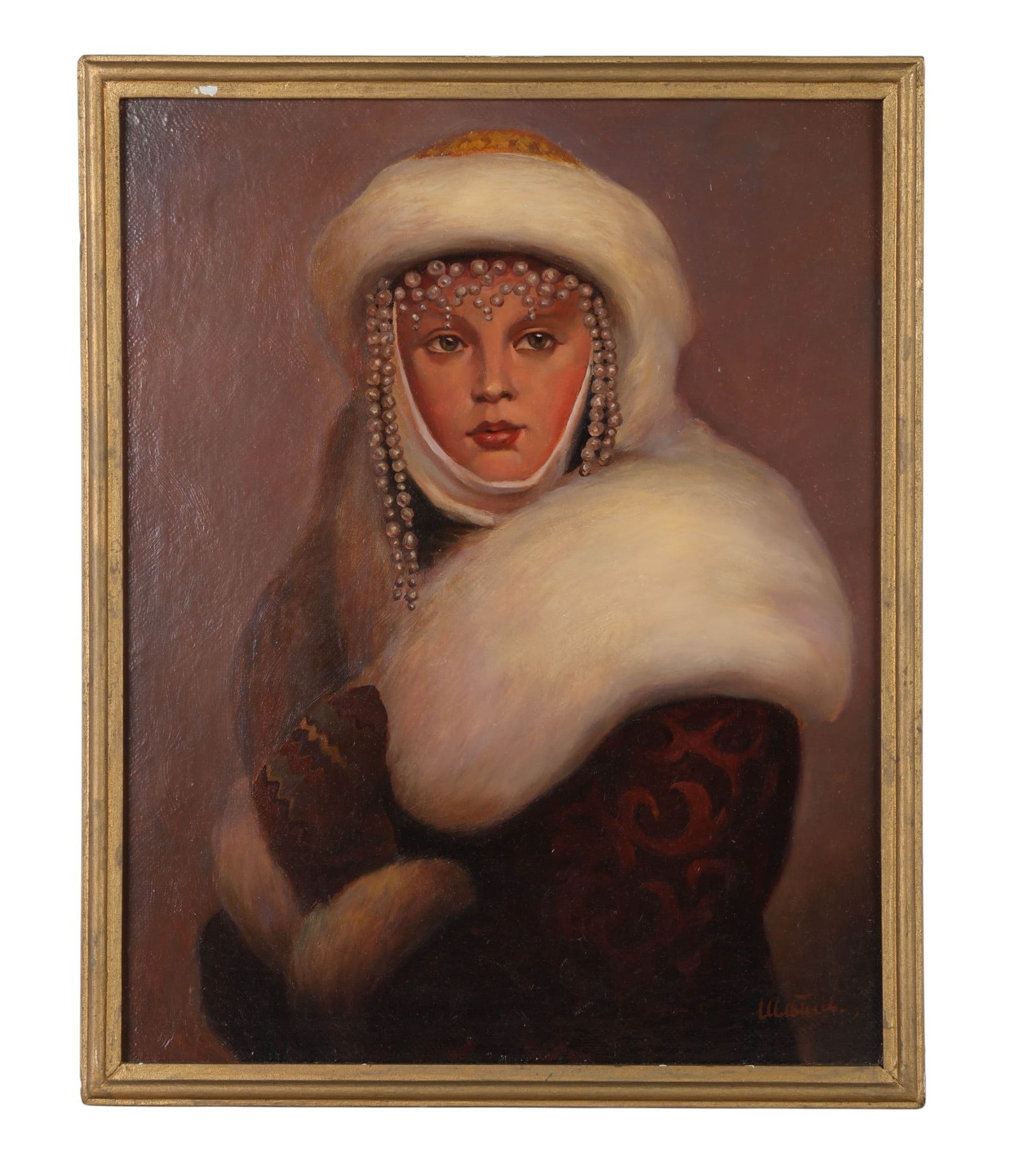 Russian Lady in Fur Cap Portrait Painting SIGNED (1 of 7)