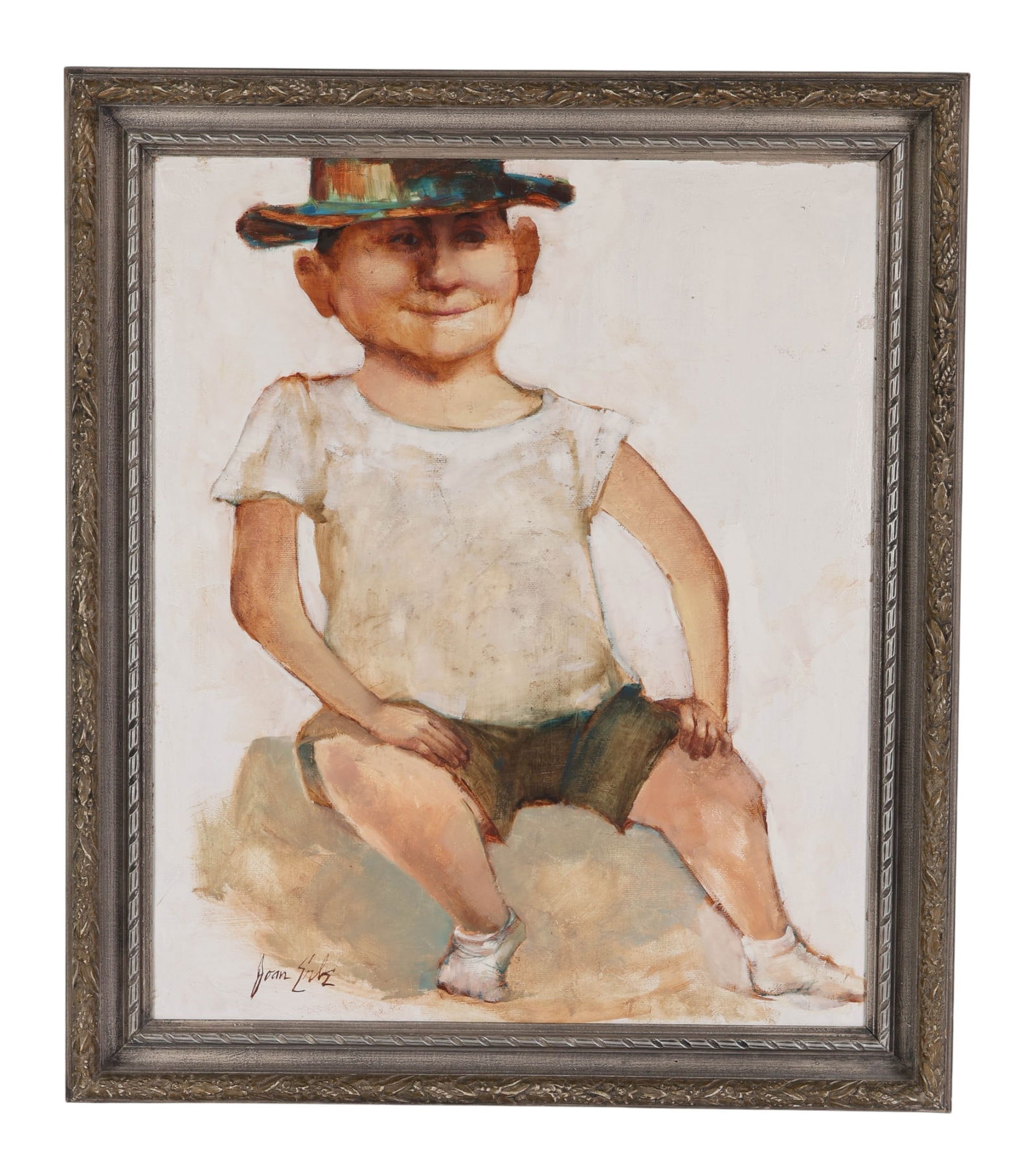 Joan Erbe 1926-2014 Figural Portrait Oil Painting: Joan Udell Erbe (American, 1926-2014), oil painting on board depicting a stylized portrait of a young child seated with legs apart, wearing a white shirt, green shorts, socks, and a colorful wide-brim