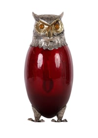 Spanish Silver Plate and Ruby Glass Owl Decanter
