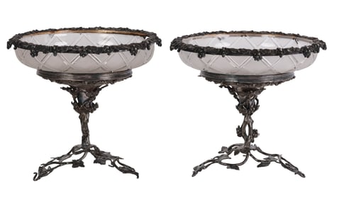 Pair of Silverplate and Crystal Grapevine Compotes