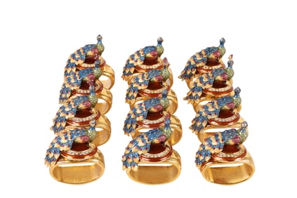 Hans Turnwald Enameled Peacock Napkin Ring 12p SET