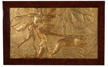 Art Deco Figural Nude and Dog Hunt Scene SIGNED