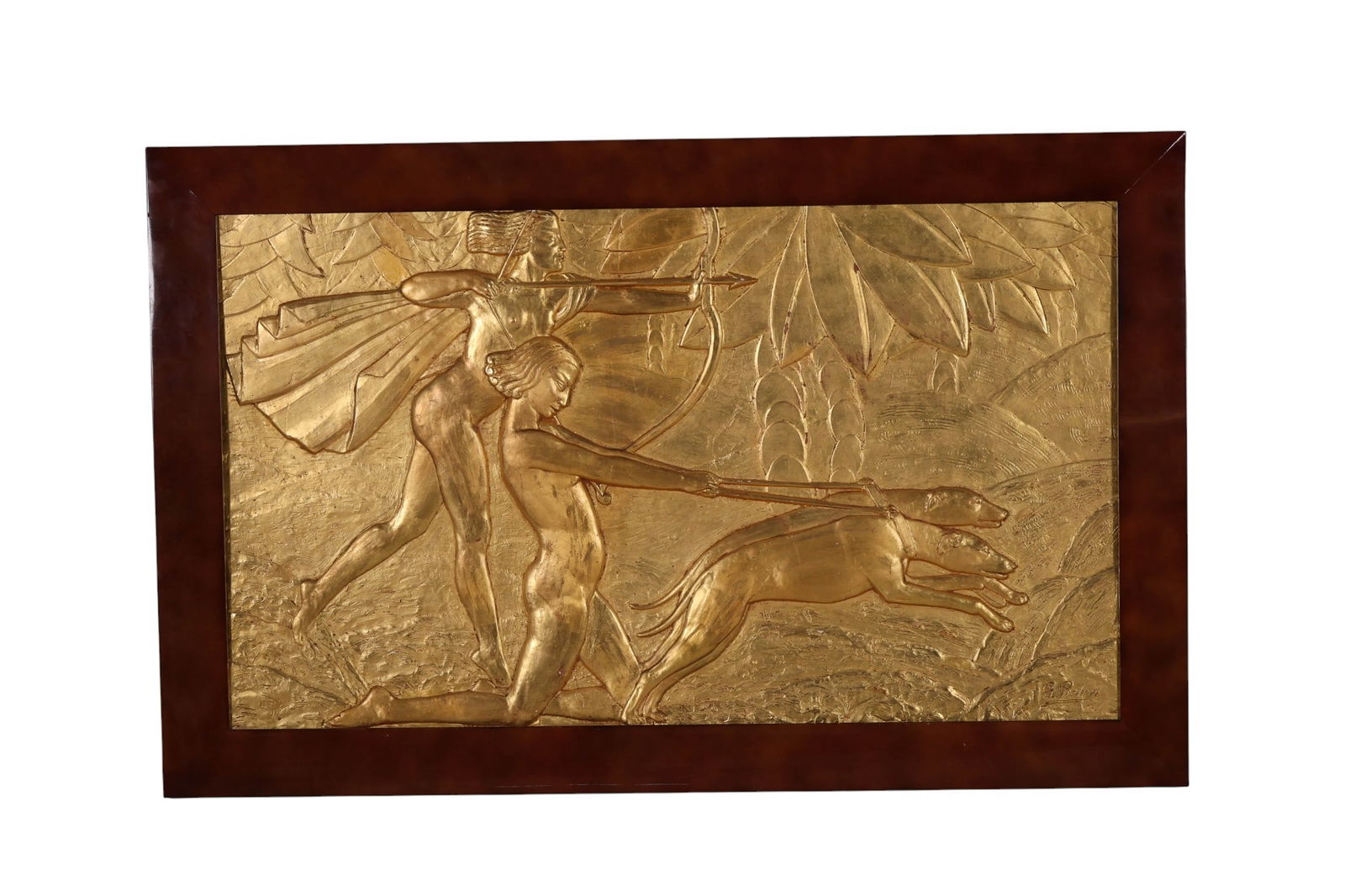 Art Deco Figural Nude and Dog Hunt Scene SIGNED: Art Deco wall-mounted relief panel cast in fiberglass, depicting two female figures with bows and spears accompanied by two hounds in a stylized jungle setting with lush foliage. Finished in a metalli