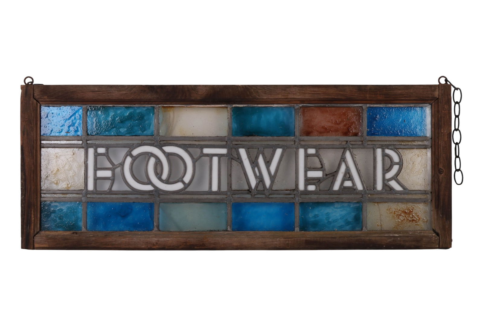 Stained Leaded Glass "Footware" Advertising Panel: Vintage stained glass advertising window panel featuring the word "FOOTWEAR" rendered vertically in white glass lettering. The letters are set within a traditional leaded framework surrounded by recta