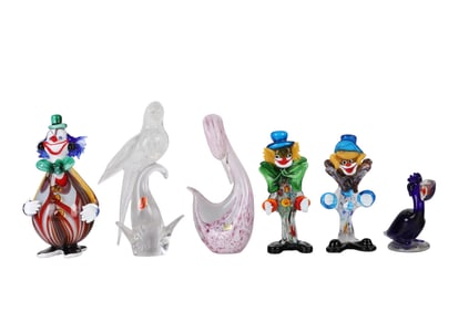 Italian Murano Glass Clown and Bird Sculptures LOT