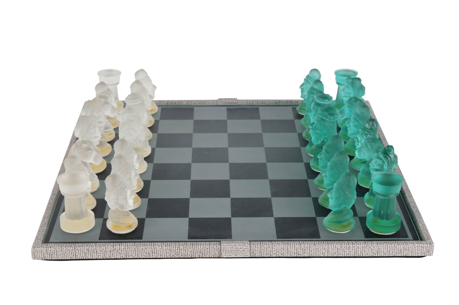 Czechoslovak Bohemian Glass Chess Game Set & Case: Vintage Czechoslovak Bohemian glass chess set presented in its fitted fabric-covered case. The set includes a glass chessboard with alternating frosted and polished squares beneath a clear glass top.