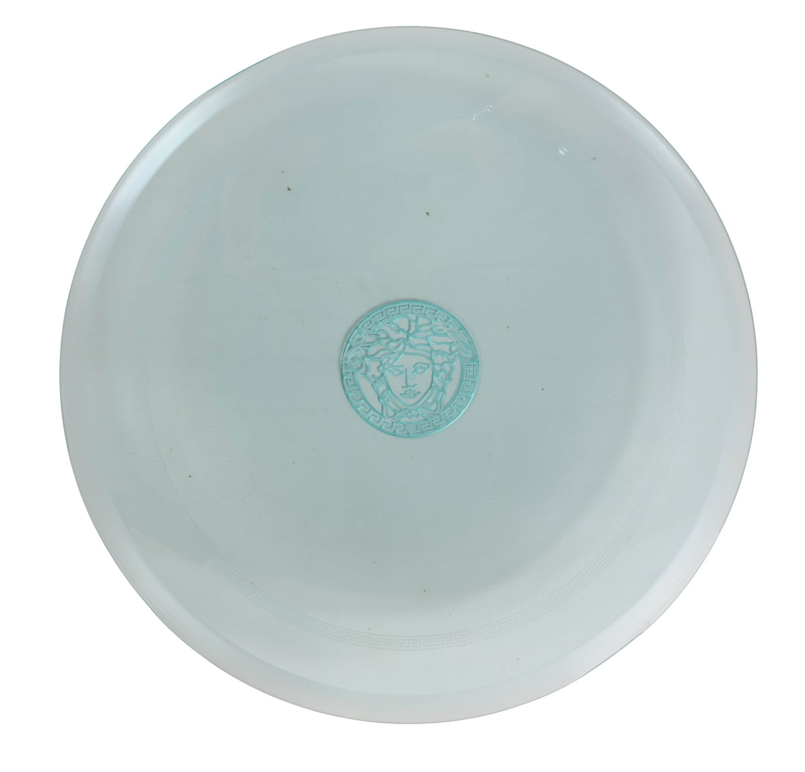 Rosenthal Versace Clear Crystal 15" Medusa Charger: Gianni Versace for Rosenthal luxury designer clear crystal centerpiece plate bowl featuring the iconic etched Medusa head emblem at the center, surrounded by a Greek-key border. Includes authenticity