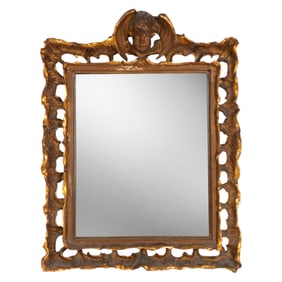 Antique Italian Carved Wood Cherub Crest Mirror