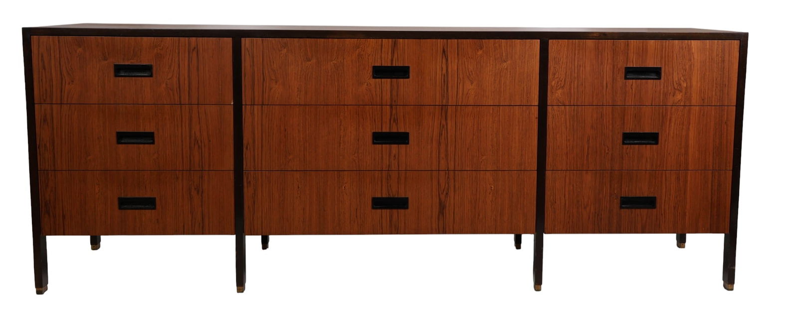 Harvey Probber 1922-2003 Long Triple Bay Credenza: Harvey Probber (American,1922-2003), a Mid Century Modern long credenza featuring a triple bay design with a total of nine drawers. Constructed in rich wood with darker trim and legs. Each section con