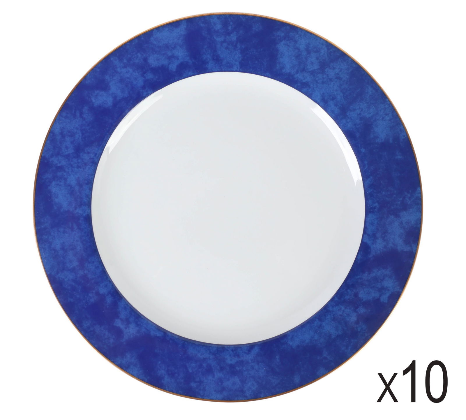 Bernardaud Limoges Nuage Bleu Service Plates SET: Bernardaud Limoges set of ten French porcelain service charger plates in the Nuage Bleu pattern, produced between 1991 and 2005. Each plate features a wide mottled cobalt blue border trimmed with gold