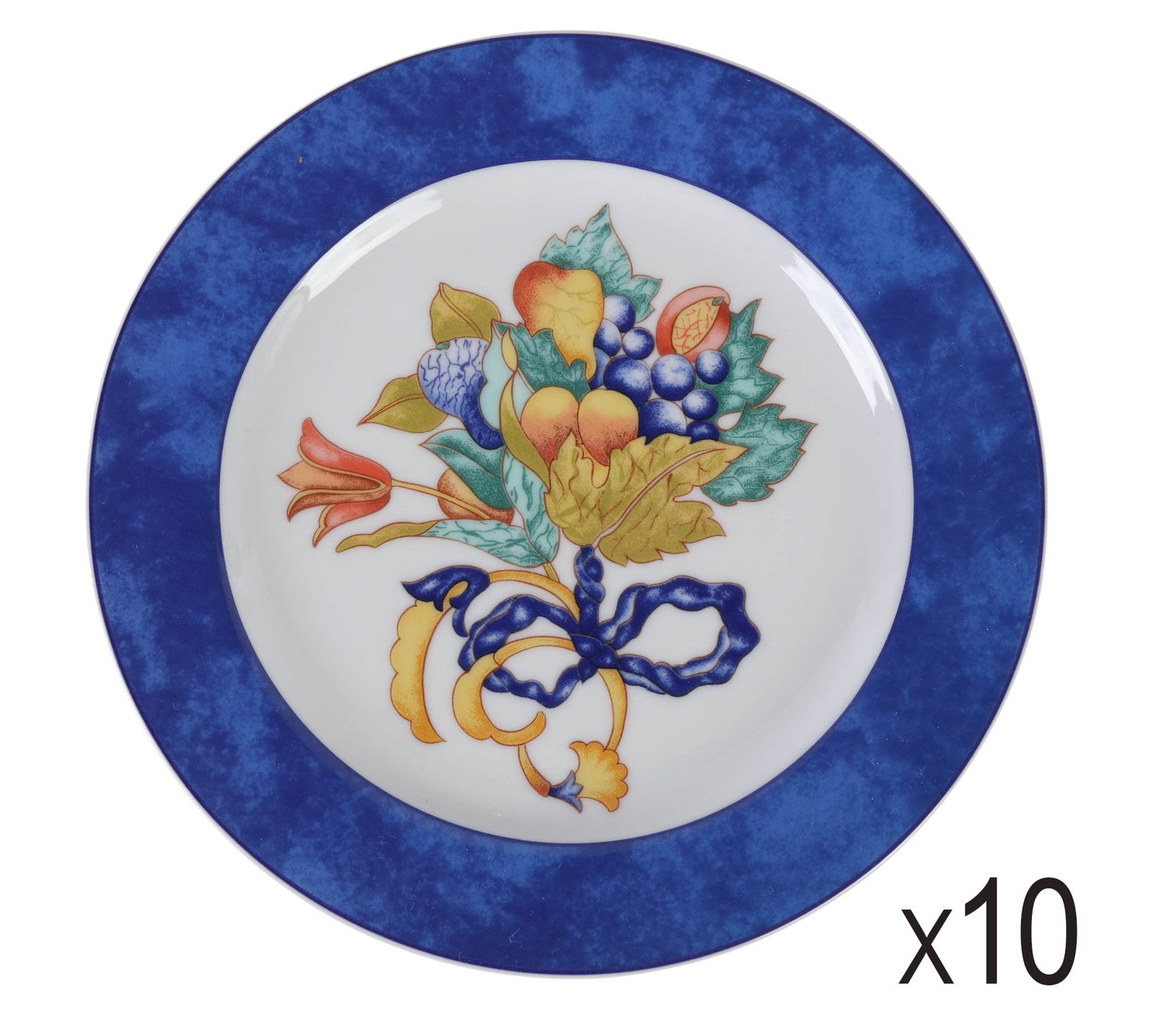 Bernardaud Limoges Borghese Dessert Pie Plate SET: Bernardaud Limoges set of ten porcelain dessert plates in the Borghese pattern, produced between 1993-2010. Each plate features a central bouquet of fruit and foliage tied with a ribbon, surrounded by