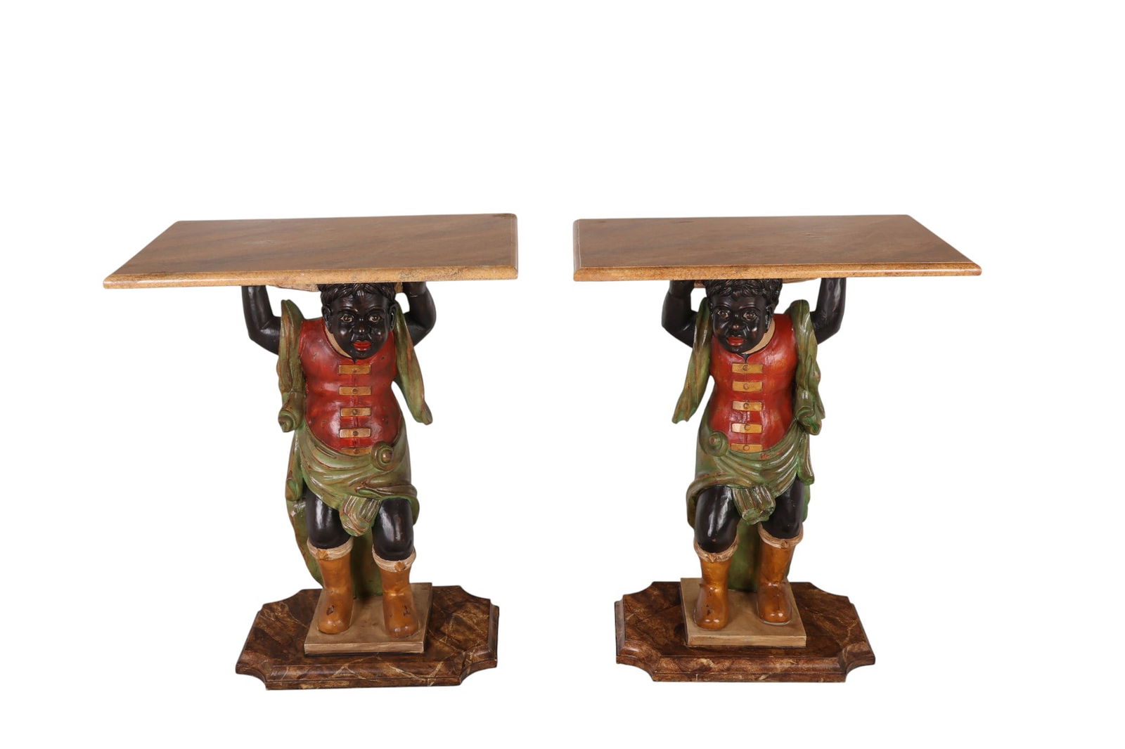 Pair of Blackamoor Carved Wood Side End Tables: Pair of carved wood figural end tables, each supported by a polychrome figure dressed in 18th century costume, hand-painted in vibrant tones. The figures stand on shaped faux marble bases and support