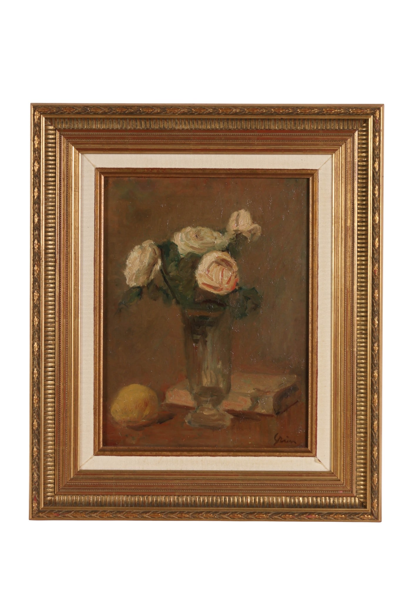 Still Life White Rose & Lemon Oil Painting SIGNED: Still life oil on board painting depicting a floral arrangement of roses in a glass vase, accompanied by a lemon and closed book on a tabletop. Signed lower right. Presented in a gilt wooden stepped f