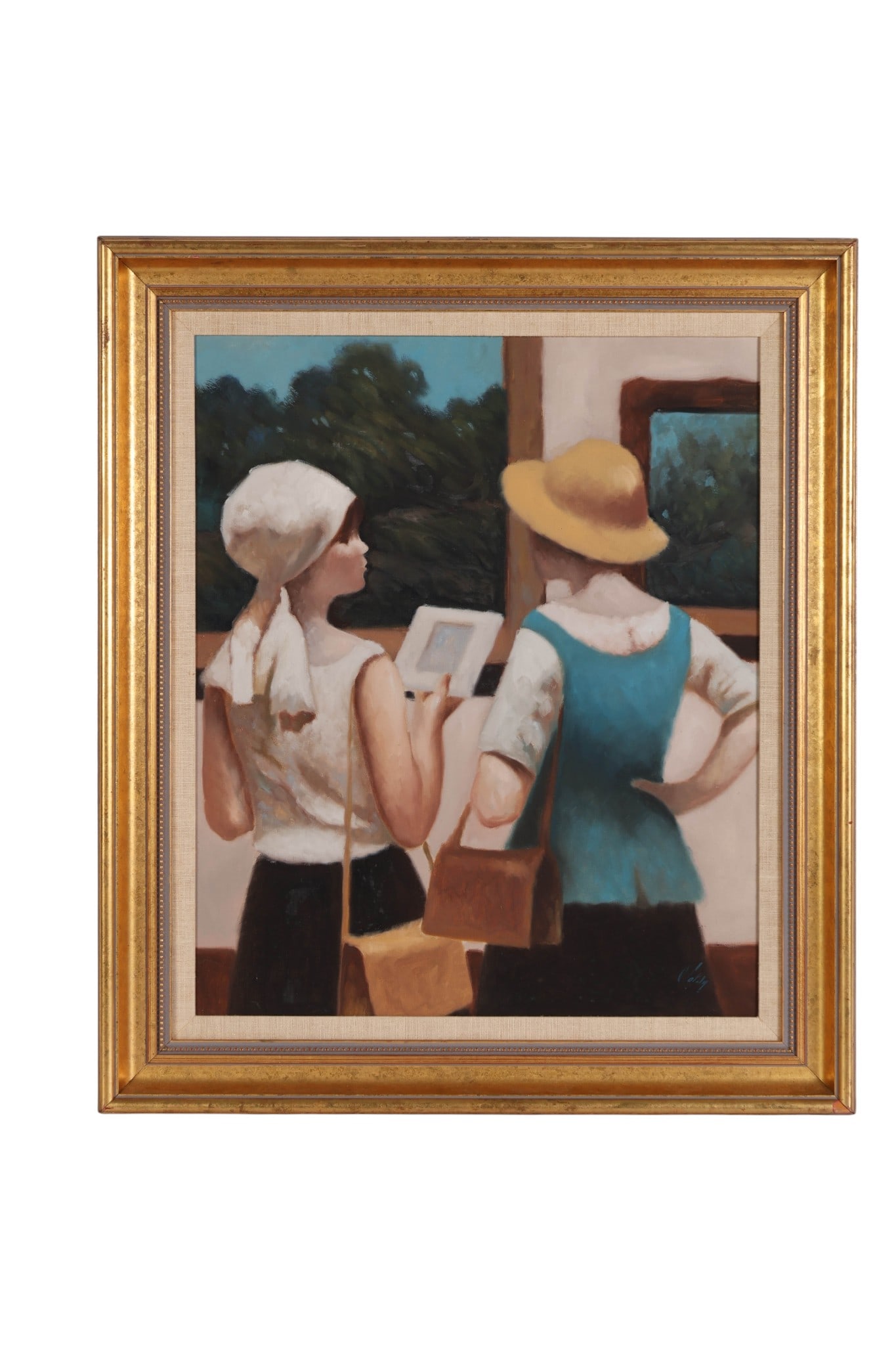 Antonio Soldy b.1932 In The Gallery Oil Painting: Antonio Soldi (Argentinian, born 1932), oil painting on canvas depicting two women viewing artwork in a gallery setting. Signed lower right. Presented in a linen lined giltwood frame. Label and invent