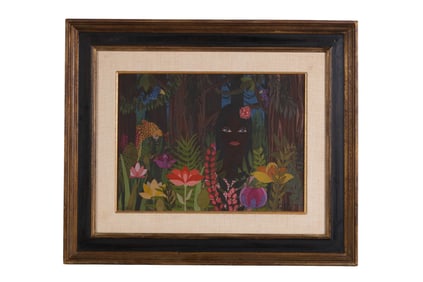 Haitian 20thC Figural Jungle Scene Painting SIGNED