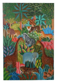 Daniel L. Haitian Jungle Scene w/ Animals Painting