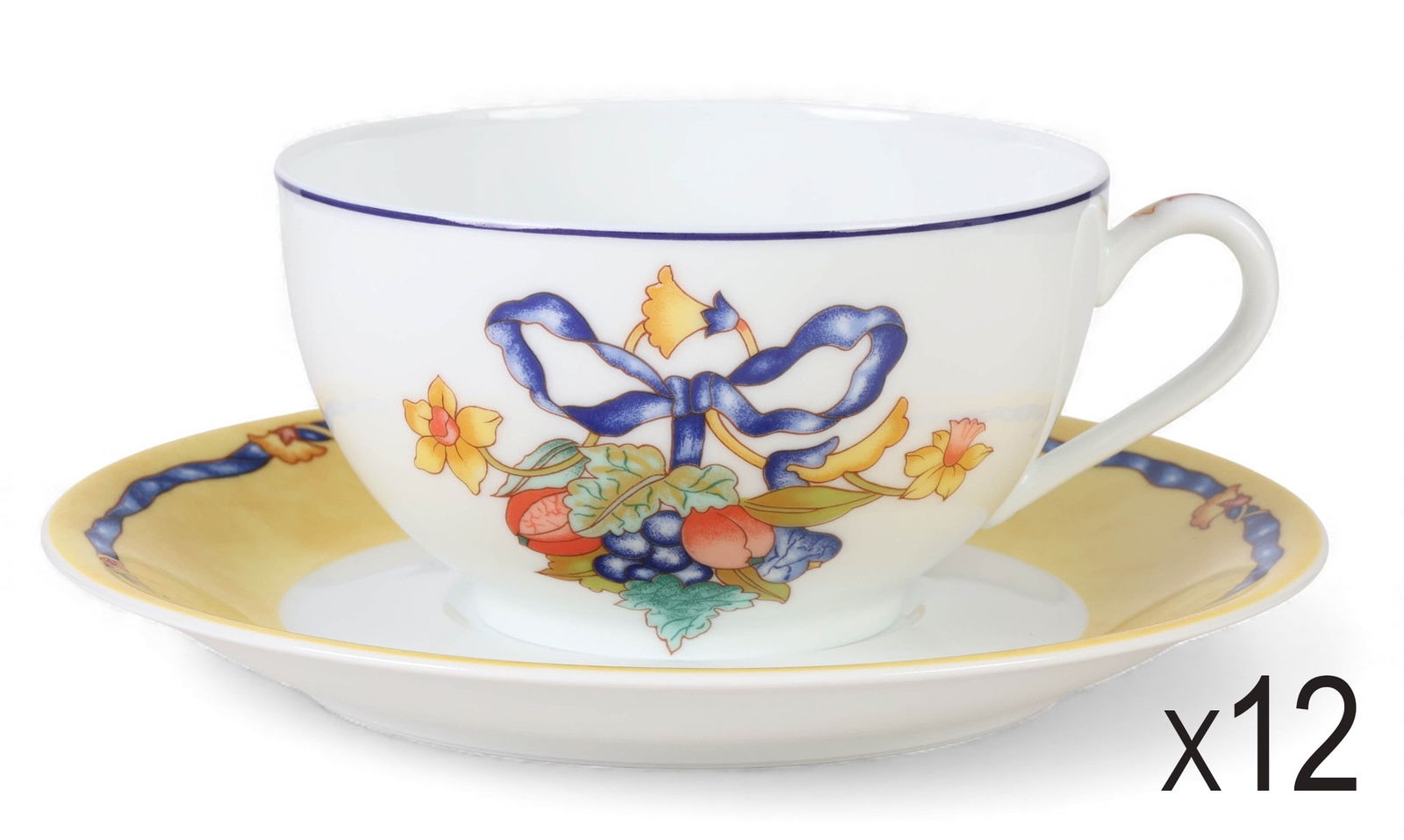 Bernardaud Limoges Borghese Jumbo Cup & Saucer SET: Bernardaud Limoges twelve piece French porcelain set in the Borghese pattern, produced between 1993 and 2010. Includes six oversized tea cups showcasing a still life composition of fruits and leaves t