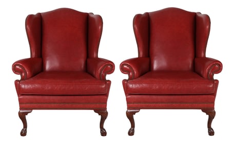 PAIR Ethan Allen Burgundy Leather Wingback Chairs