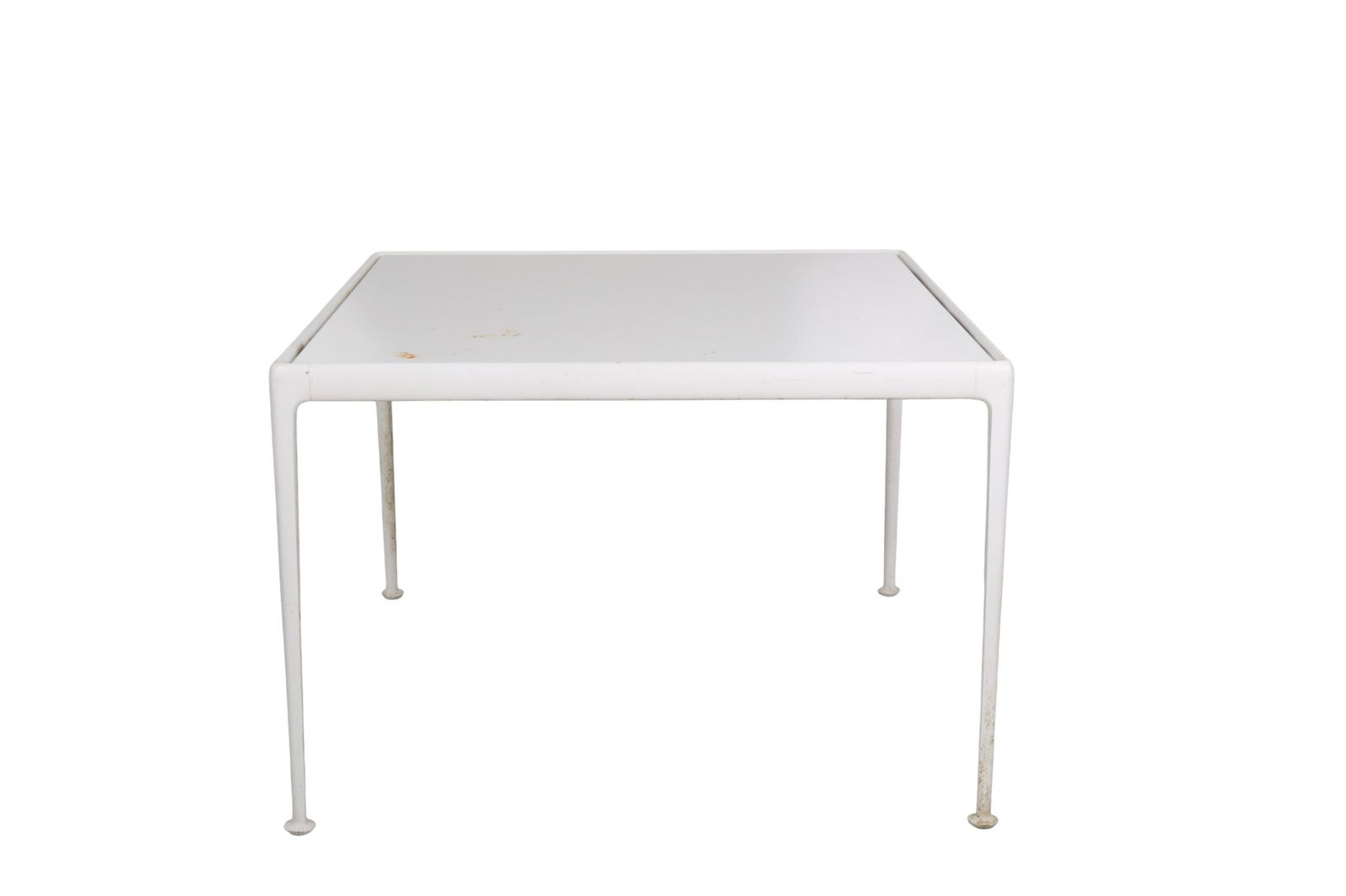 Richard Schultz for Knoll Enameled Outdoor Table: Richard Schultz (American, 1926-2021), for Knoll Associates, 1966 dining outdoor table with a square white top supported by four tapered metal legs. Enameled steel and powder-coated aluminum. Undersid