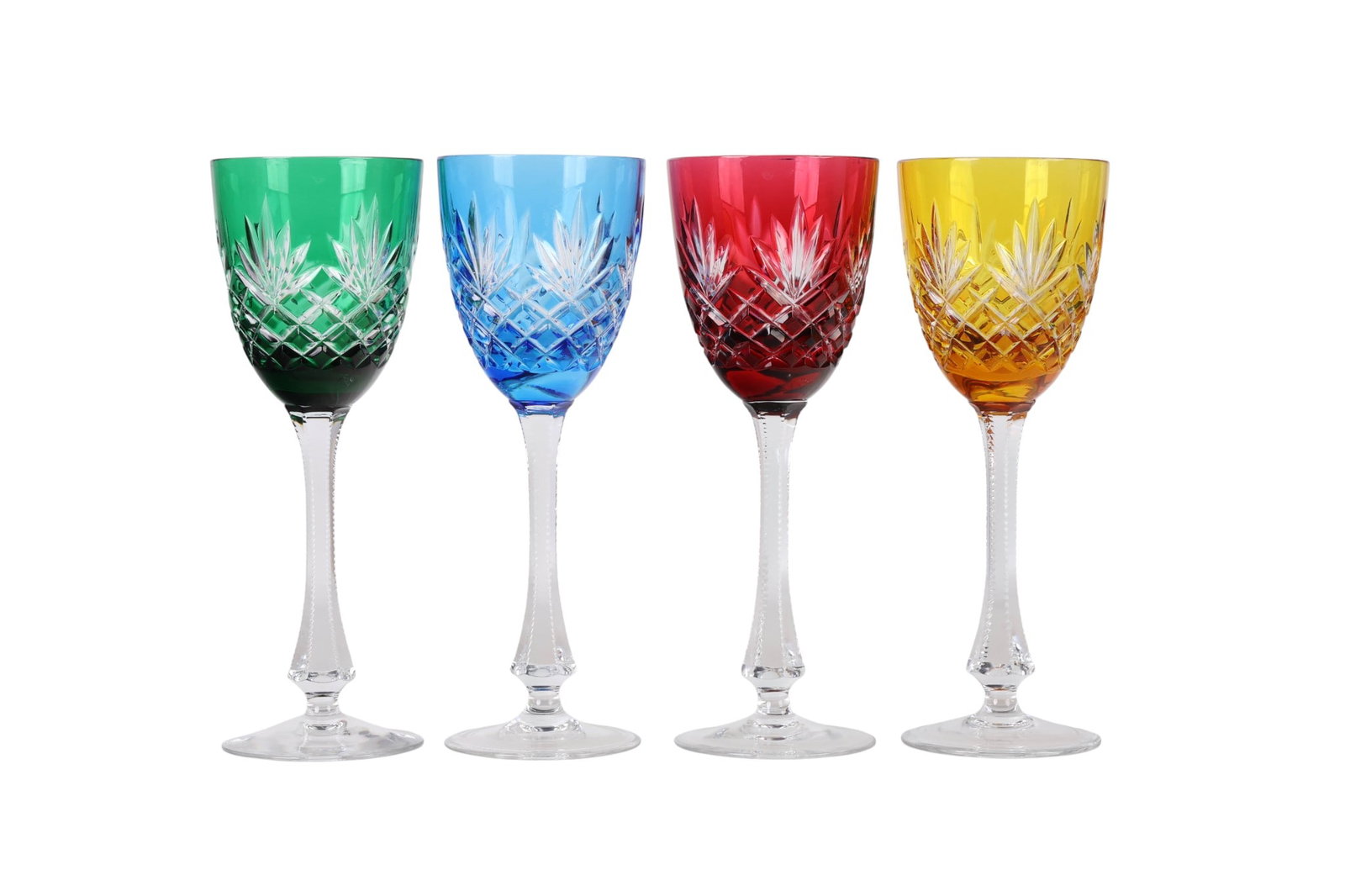 Faberge Odessa Cut to Clear Crystal Goblets SET: Faberge set of four cut to clear crystal hock wine goblets from the retired Odessa pattern. Each goblet features a faceted tapered stem with a spreading circular base and cut crosshatch and fan design