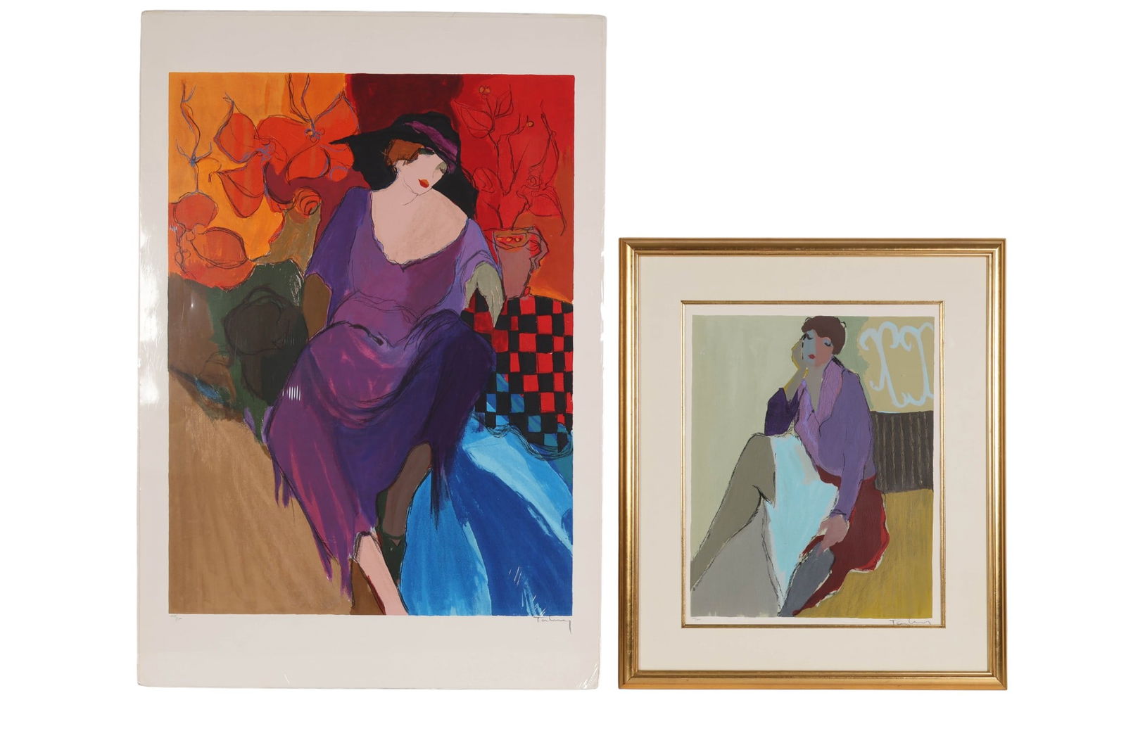 Itzchak Tarkay 1935-2012 Silkscreen SIGNED 2pc LOT: Itzchak Isaac Tarkay (Serbian-Israeli, 1935-2012), two limited edition silkscreens on paper titled Femme Fatale and Happy Memories, each depicting elegantly posed women in vivid, patterned interiors r