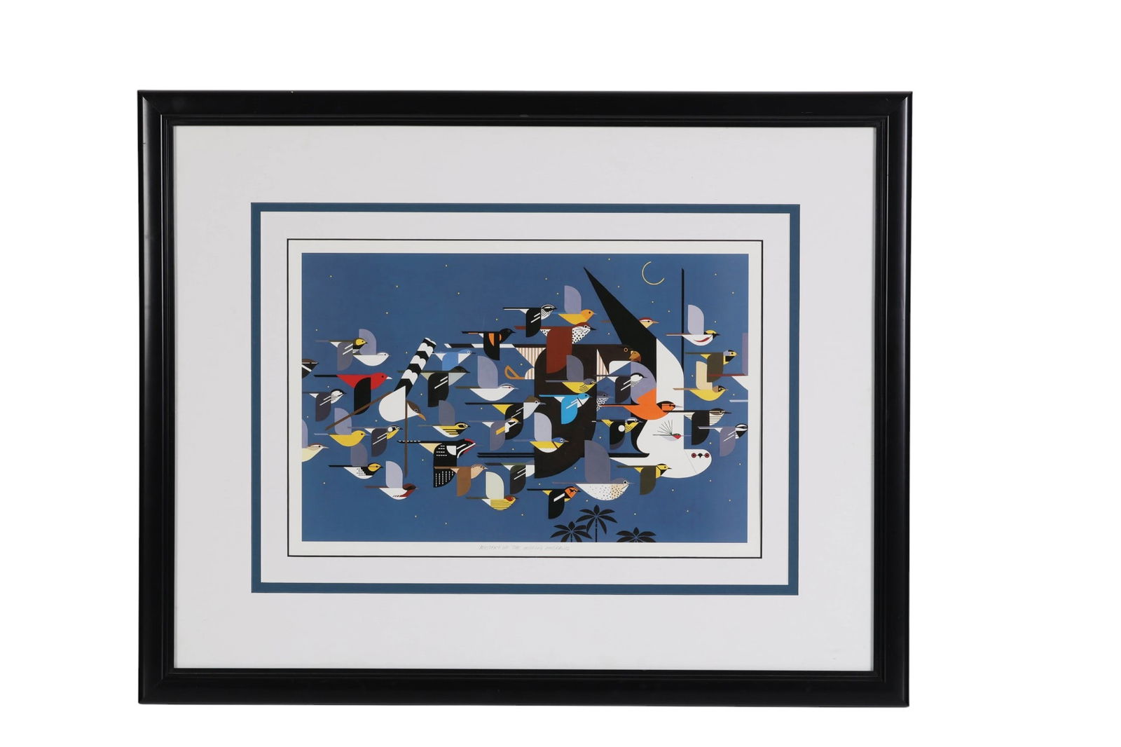Charley Harper Mystery of Missing Migrants Litho: Blind-stamped lithograph titled Mystery of the Missing Migrants by Charley Harper (American, 1922-2007), framed and matted. The composition features a deep blue background with birds in flight, render