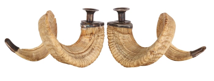 Pair of Vintage Ram's Horn & Brass Candle Holders