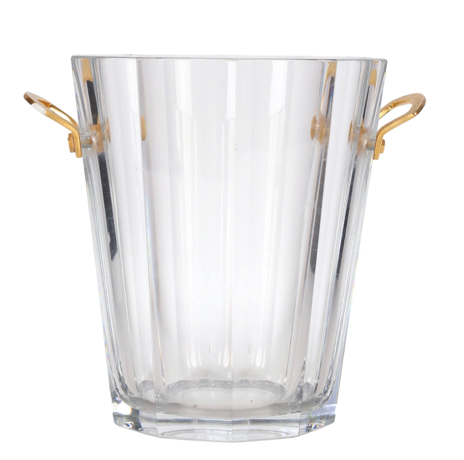 Baccarat French Crystal Maxim Champagne Ice Bucket: Baccarat French crystal vintage Maxim champagne wine bottle cooler crafted in clear cut crystal with a ten-panel faceted body and flared rim. Fitted with two polished brass handles and designed with t