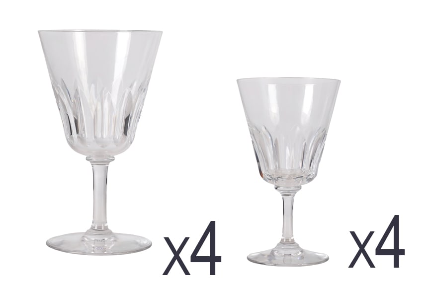 Baccarat Crystal Cote D'Azur Water & Wine Glasses: Baccarat France set of eight crystal goblets in the Cote DAzur pattern, produced between 1960 and 1973. Includes four water glasses and four port wine goblets. Each features fluted vertical cuts and a
