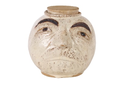 Folk Art Mid Century Stoneware Pottery Face Jar