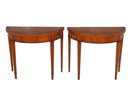 Pair of Satinwood Flip Top Demilune Card Tables