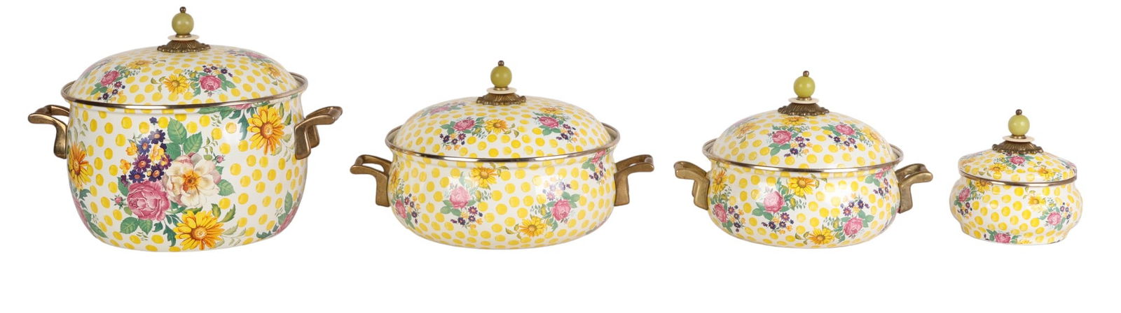 Mackenzie Childs Buttercup Enamel Cookware 4pc LOT: MacKenzie-Childs enamel-on-metal cookware - serveware group in the Buttercup pattern, including four lidded pots with floral and yellow polka dot decoration and green knob finials. Three of the pots f