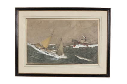 J P Parsons Maritime Storm Scene Gouache Painting