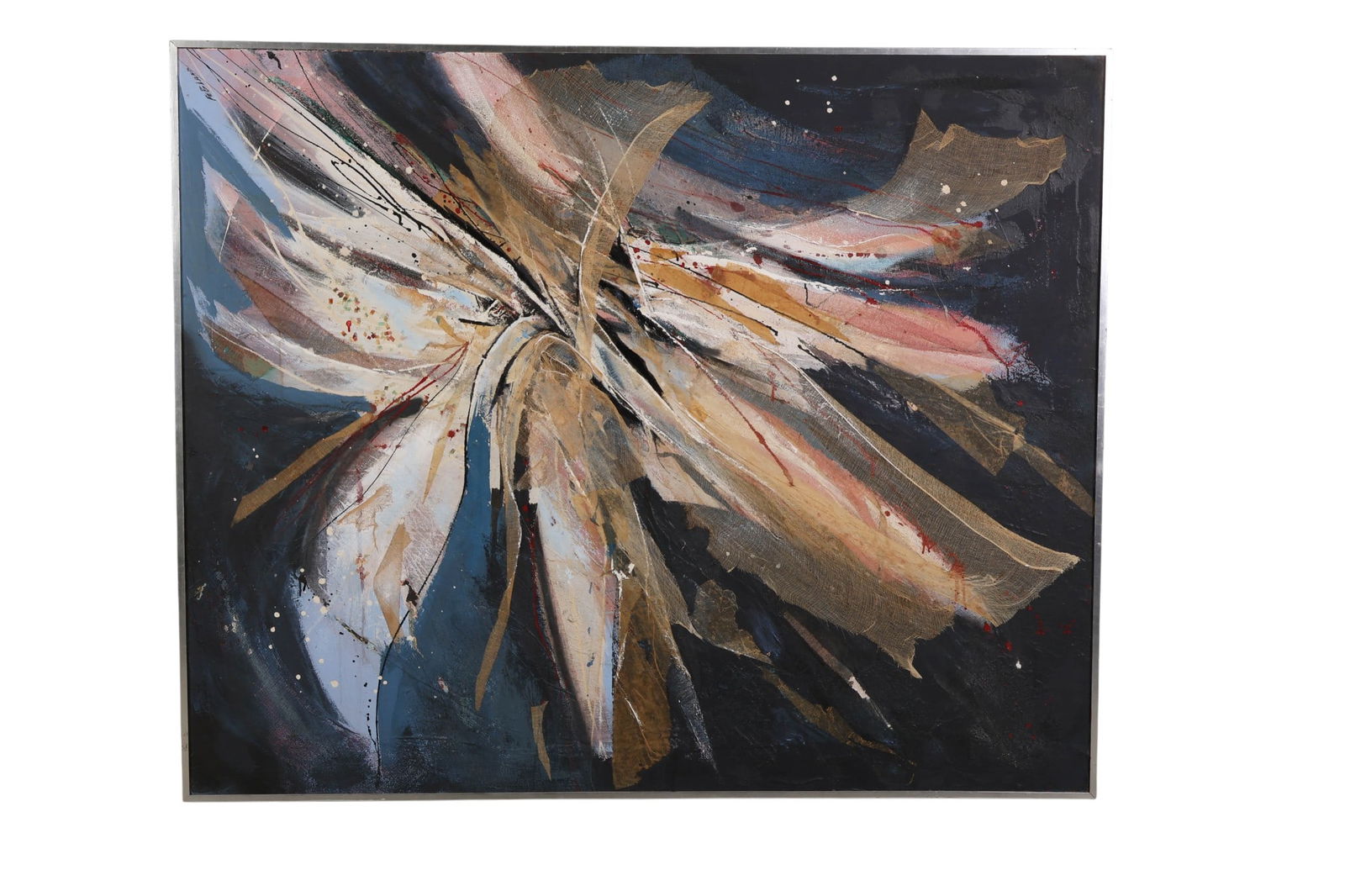 Harriet FeBalnd 1924-2018 Mardi Gras Oil Painting: Harriet FeBland (American, 1924-2018), Mardi Gras, abstract mixed media painting on canvas. The composition features expressive brushstrokes, textured impasto, applied fabric, and gestural line work i