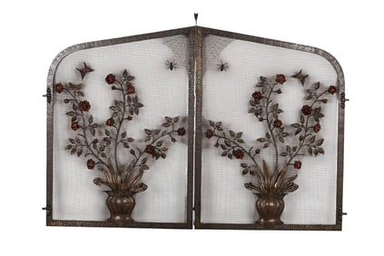 Antique Iron Botanical and Insect Fireplace Screen