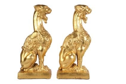 Pair Neoclassical Gilt Painted Concrete Griffins