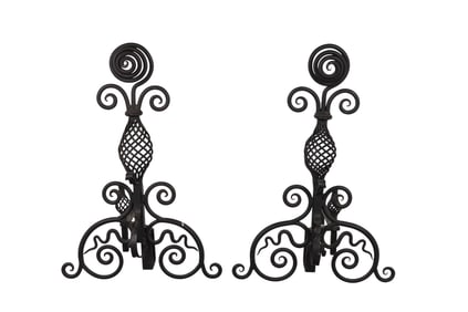 Pair of Wrought Iron Fireplace Andirons Firedogs