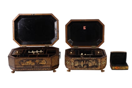 Chinese Export Lacquer Gilt Decorated Sewing Boxes