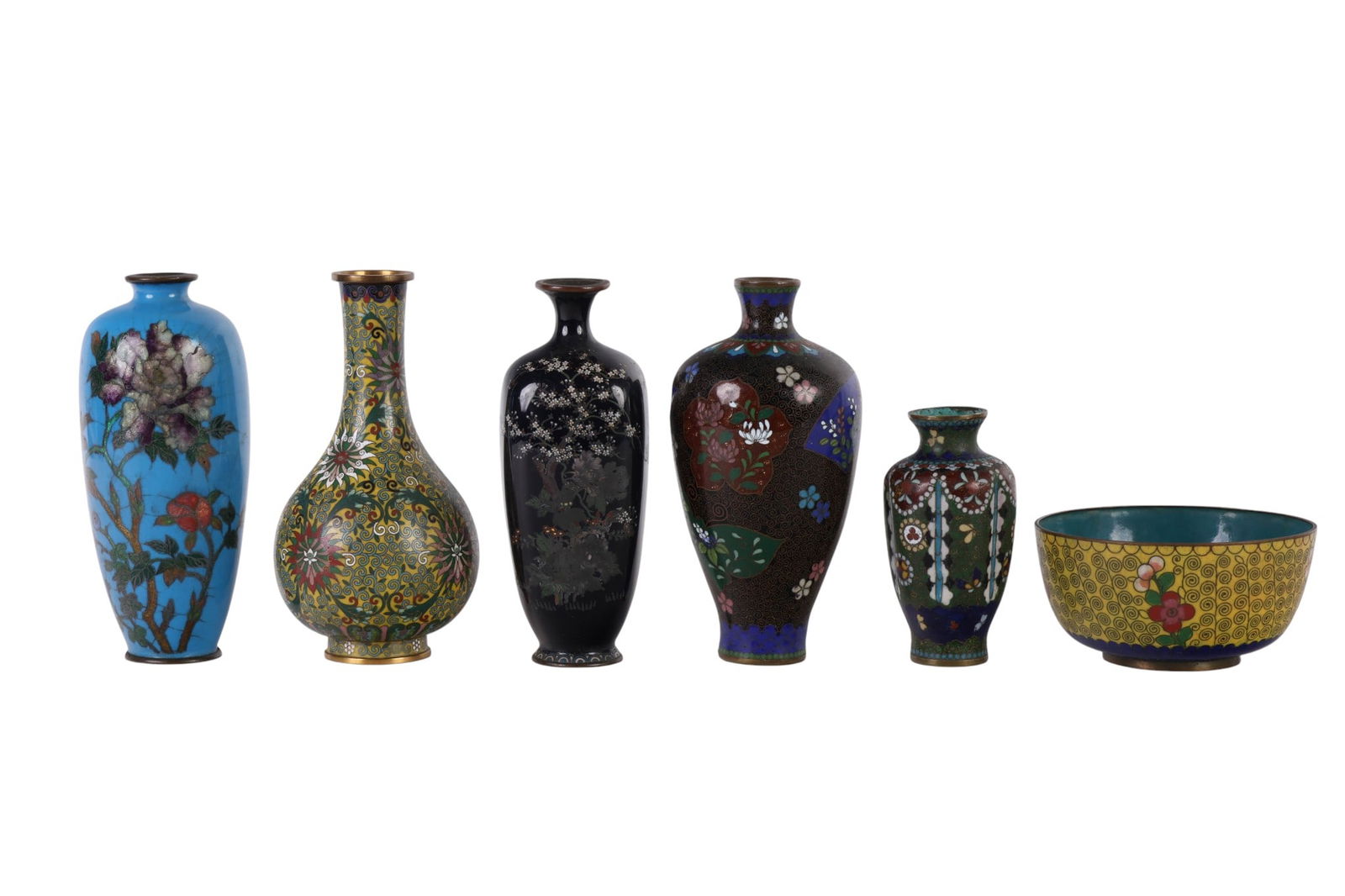 Chinese Enameled Cloisonne Bowl and Vases 6pc LOT: Collection of six cloisonne enamel pieces, including one bowl and five vases, each decorated with traditional motifs and vibrant colors. The yellow-ground bowl features a spiral pattern with floral ac
