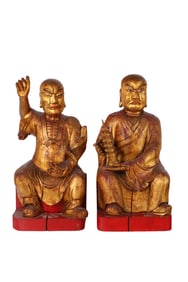 Chinese Pair of Gilt Wood Lohan Buddha Sculptures
