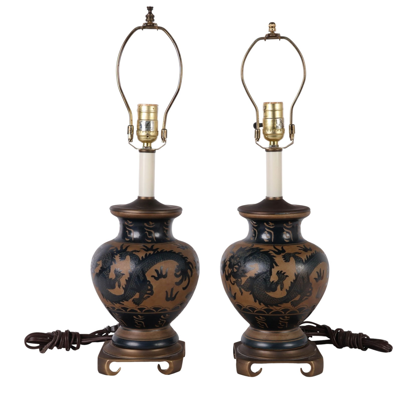 Pair Chinese Export Pottery Five Toe Dragon Lamps (1 of 7)