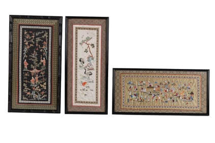 Chinese Antique Figural and Floral Silk Panels LOT