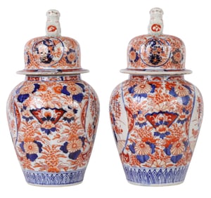 Japanese Pair of Imari Style Porcelain Temple Jars