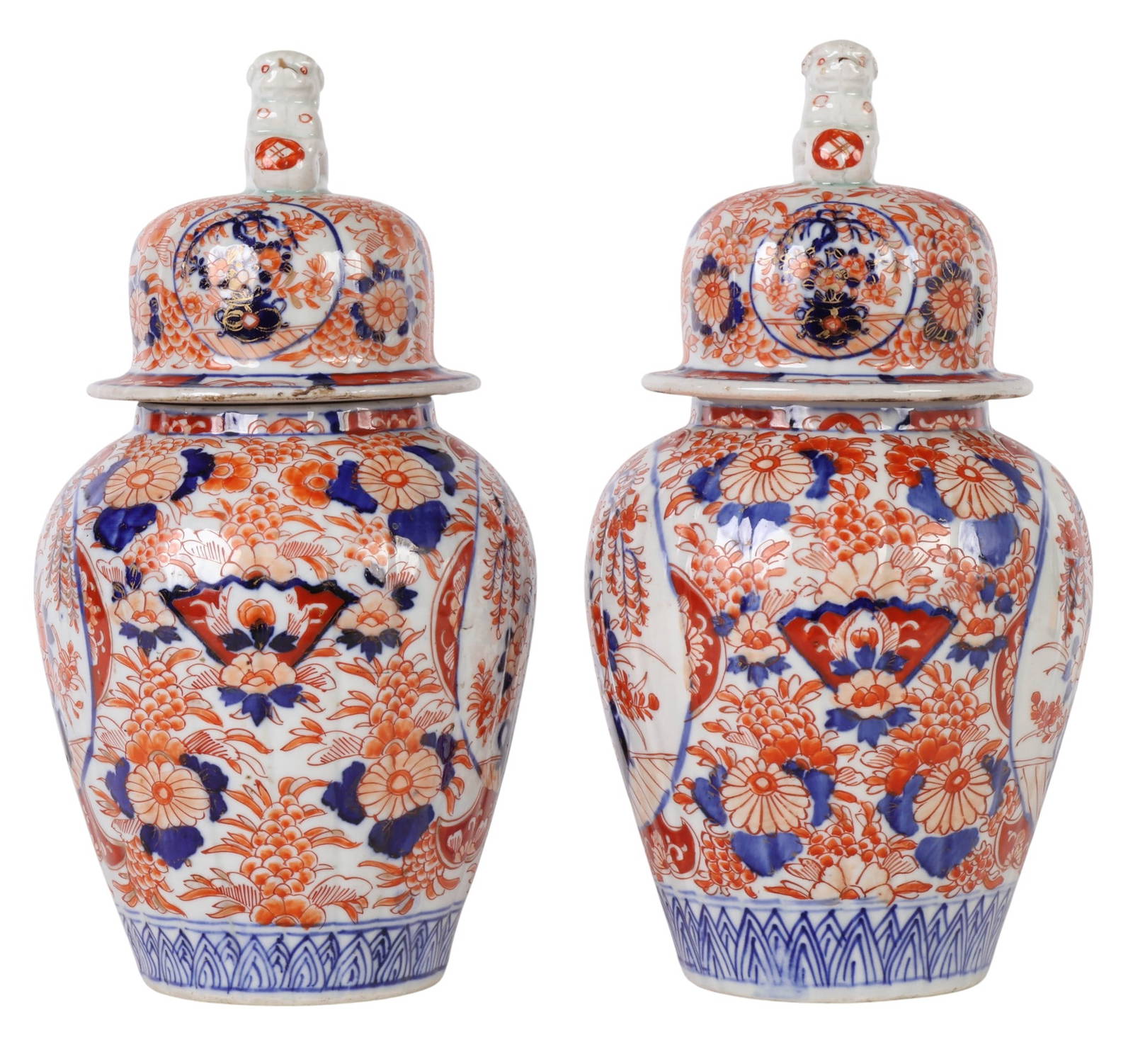 Japanese Pair of Imari Style Porcelain Temple Jars