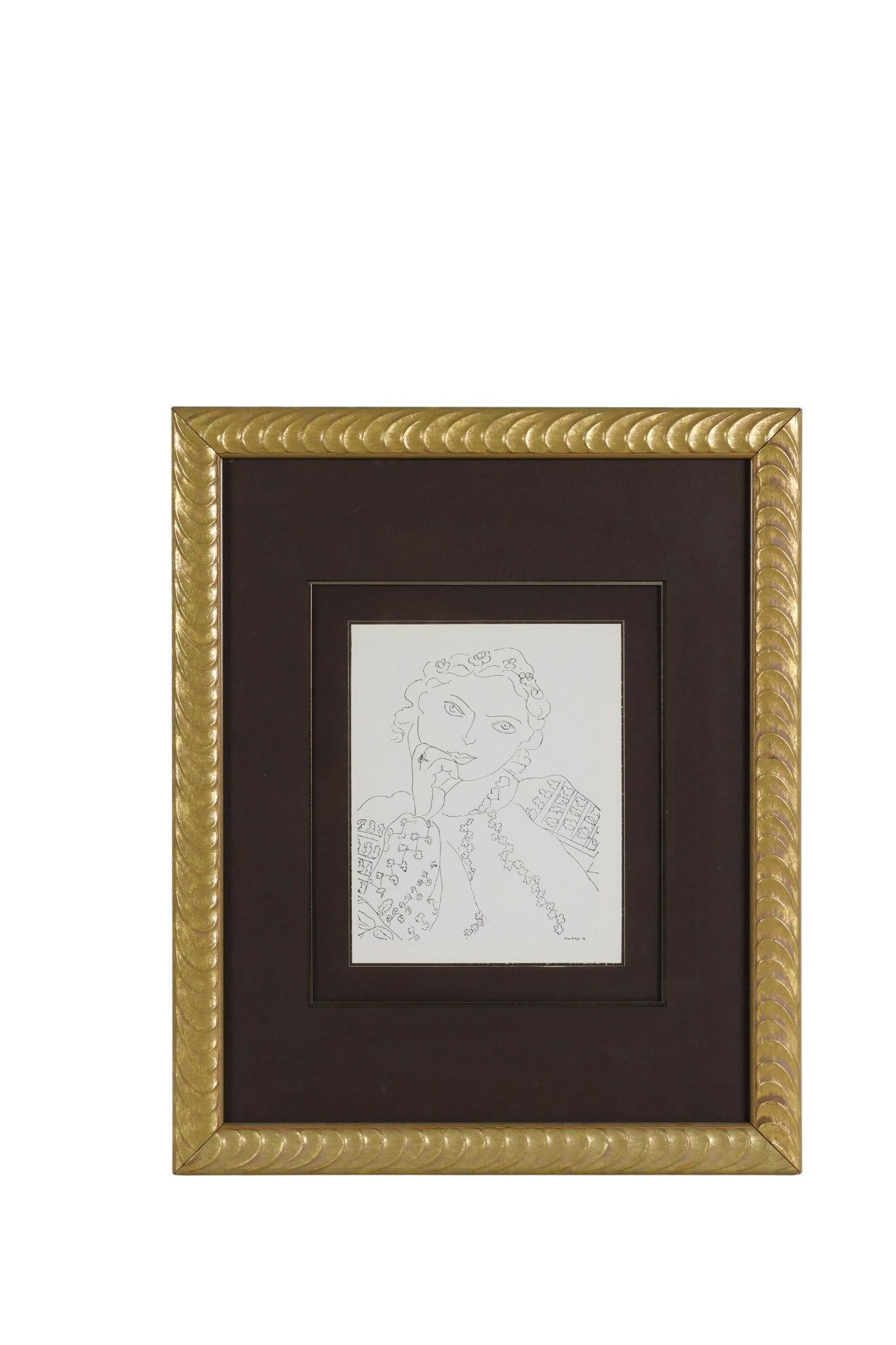 Portrait of a Woman Lithograph after Henri Matisse: Print on paper after Henri Matisse (French, 1869-1954), featuring a delicate line drawing of a woman adorned with floral hair decoration and intricately patterned garments. Executed in minimal contour