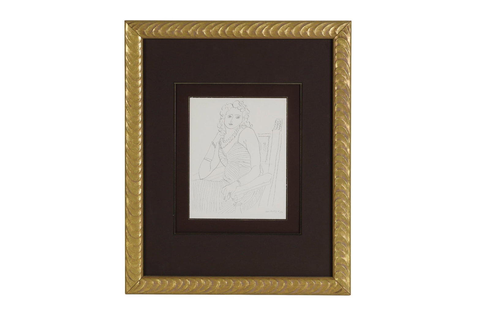 Seated Woman Lithograph Print after Henri Matisse: Print on paper line drawing after Henri Matisse (French, 1869-1954), depicting a seated woman wearing a striped dress, layered necklaces, and curly hair. Signed in plate lower right. Presented under g