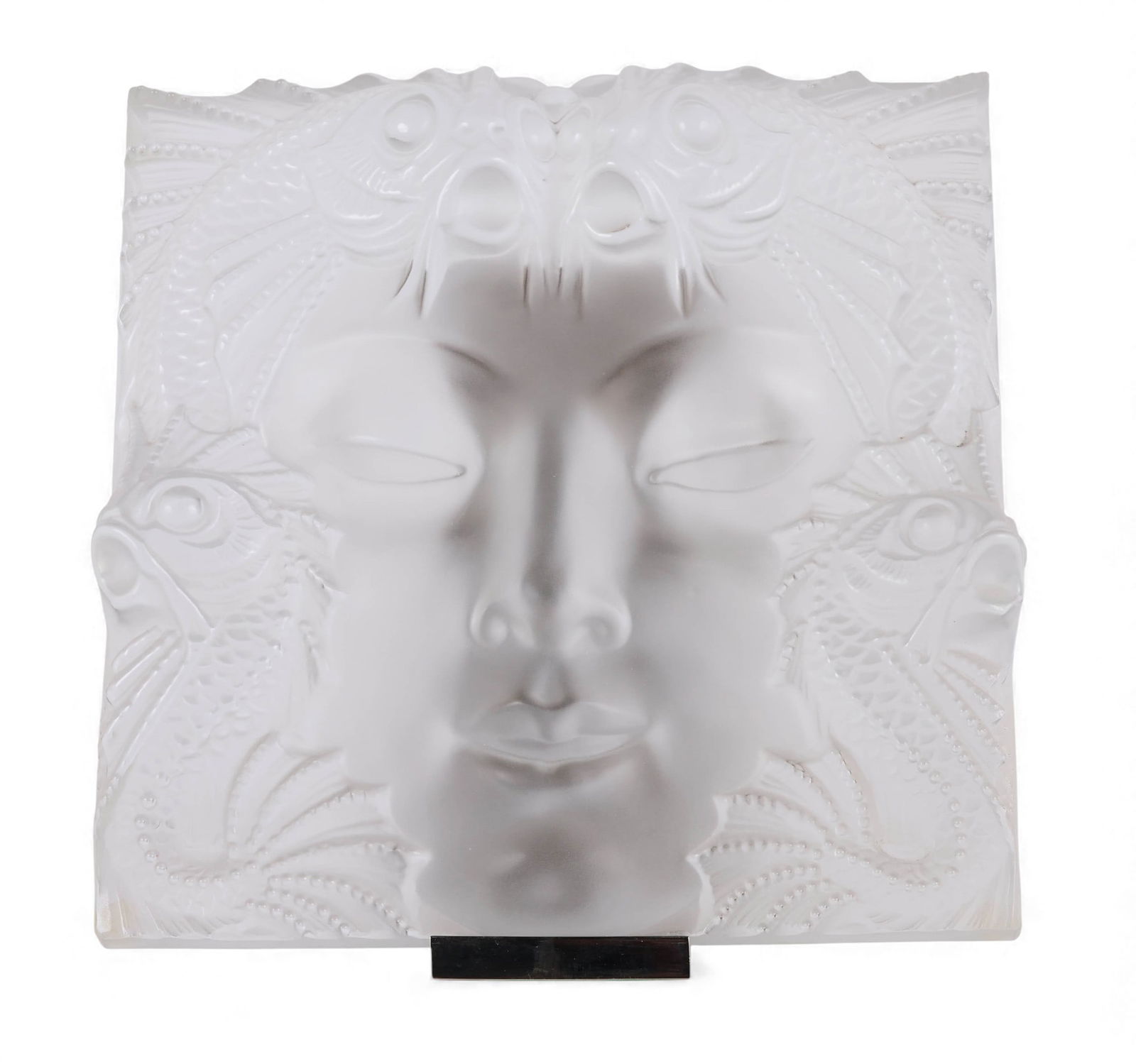 Lalique Masque de Femme Frosted Crystal Wall Panel: Lalique French frosted crystal Masque de Femme wall plaque in the iconic Art Deco style. This sculptural panel depicts a serene female face emerging from a swirling aquatic motif of stylized fish and